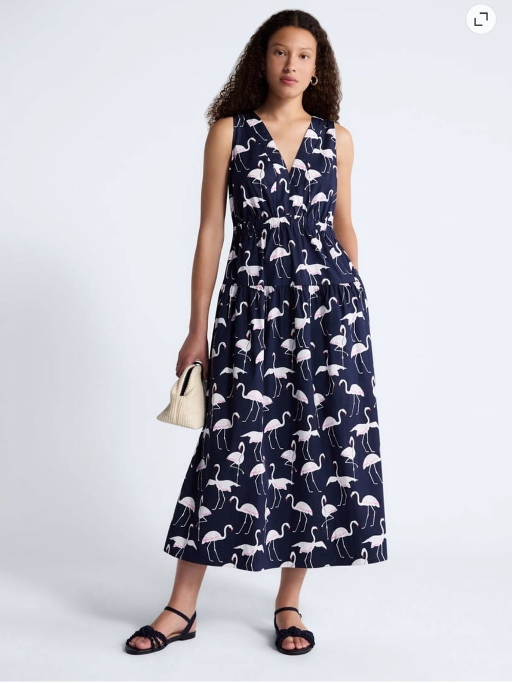 Sleeveless Navy Midi Dress with Pink Flamingo Print